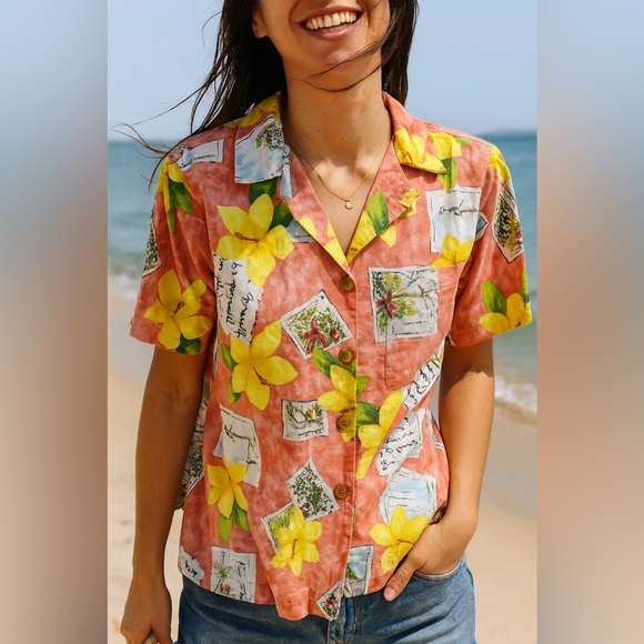 Marsh Landing Hawaiian Shirt Multicolor Floral Short Sleeve Women’s Small - Picture 1 of 6